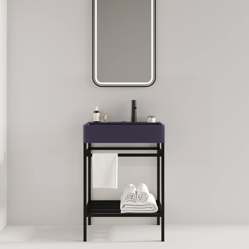 24" LOFI Freestanding Bathroom Vanity with Glossy Red Rectangular Ceramic Basin, Storage Shelves, Open Metal Leg Design