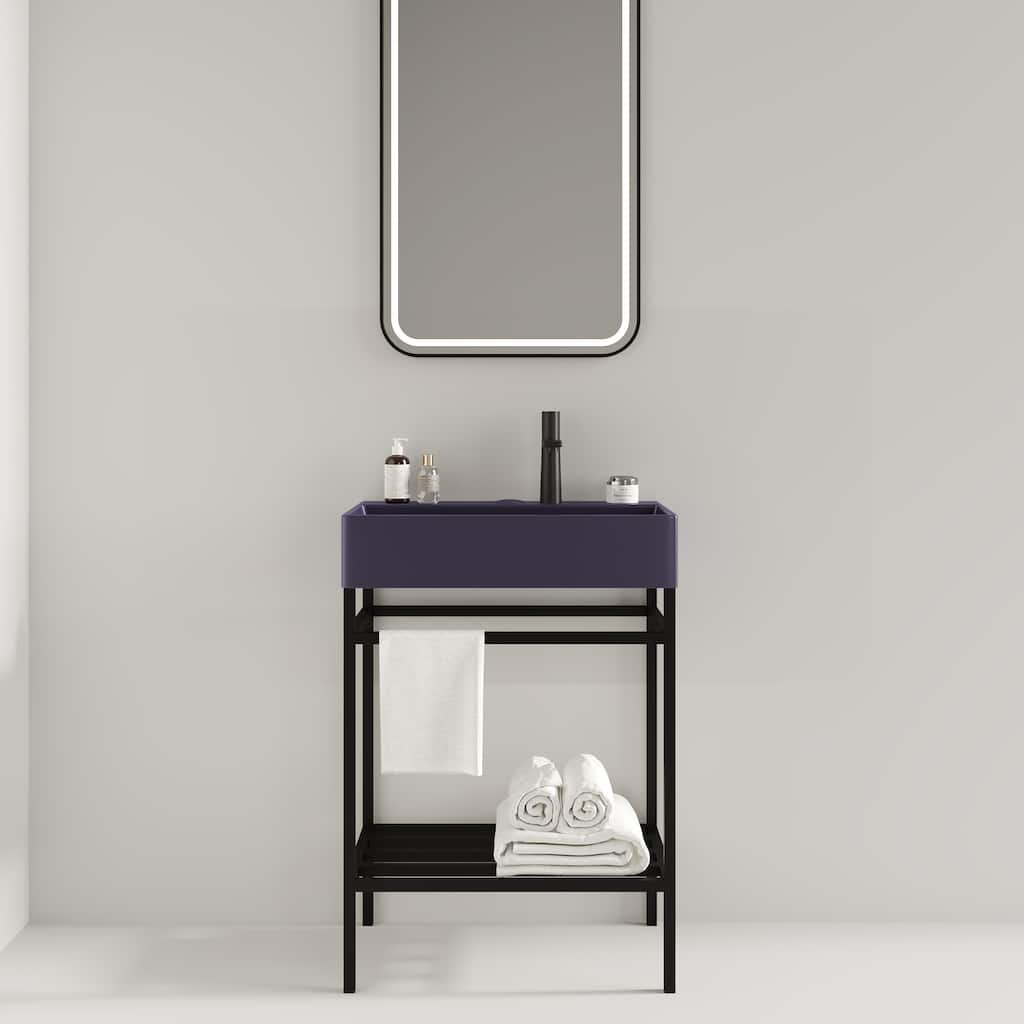 GDFStudio - Lofi Modern 24" Bathroom Vanity with Glossy Rectangular Ceramic Basin & Open Metal Storage Shelf, WITHOUT Faucet
