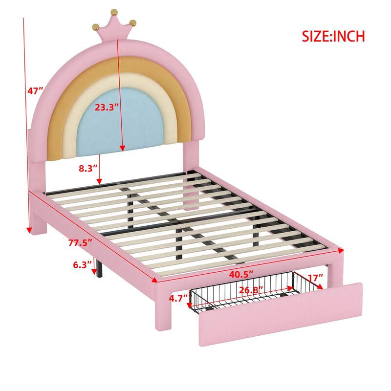 Twin Size Upholstered Rainbow Design Bed, Velvet Princess Platform Bed with Storage Drawer, No Box-spring Needed