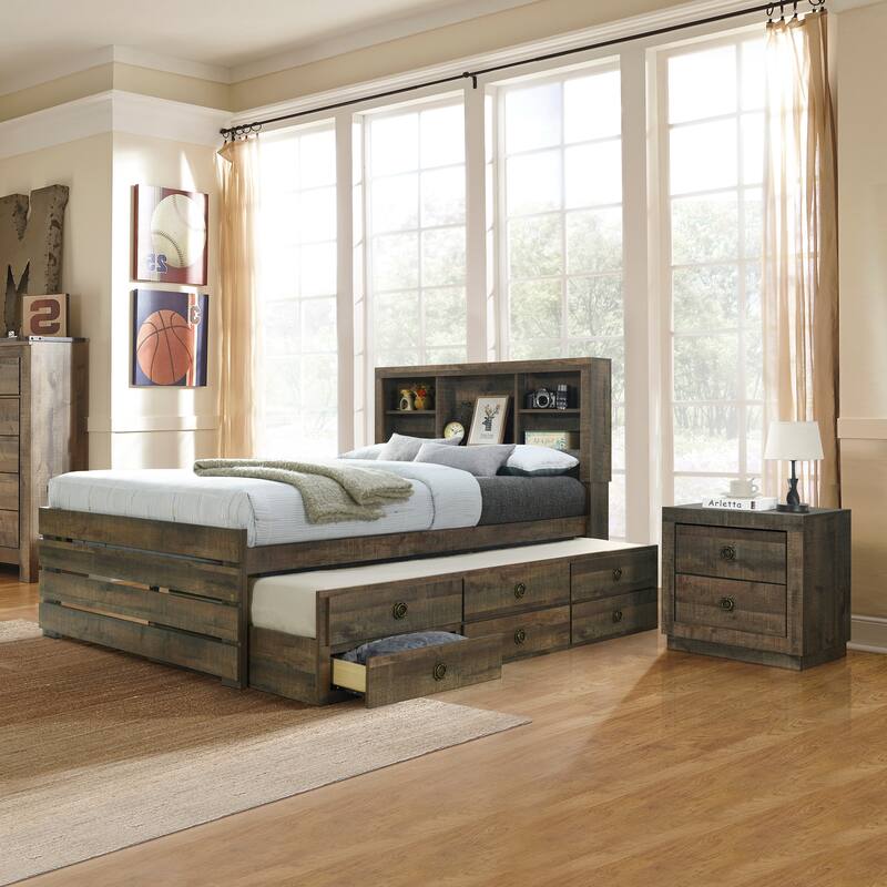 2 Pieces Bedroom Sets Farmhouse Style Twin Size Bookcase Captain Bed