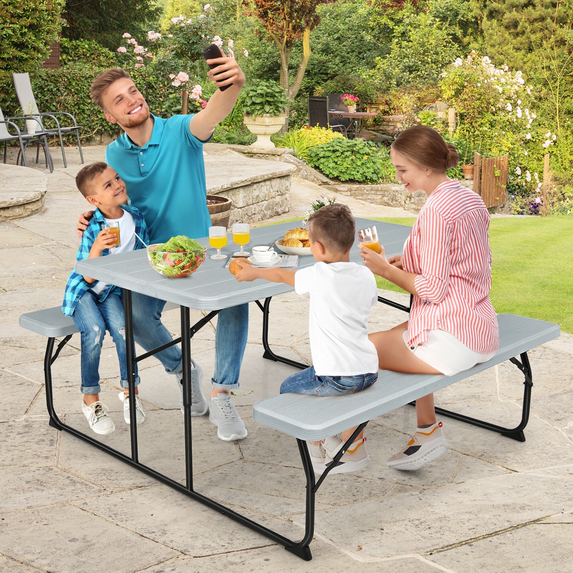 Gymax Folding Picnic Table & Bench Set for Camping BBQ w/ Steel