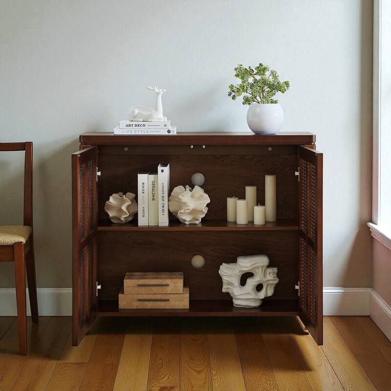 39.4" Mid-Century Modern Rattan Sideboard Buffet Cabinet with Outlet Holes, Retro Credenza Storage