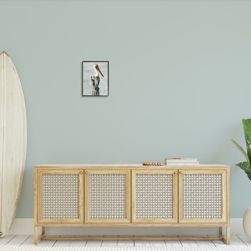 Stupell Long Beak Pelican Watercolor Painting Coastal Waterfowl Bird Framed Wall Art - Blue