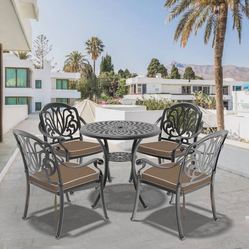 3/5-Piece Cast Aluminum Outdoor Dining Set with 30.71 in. Round Table and Random Color Cushions - Black( 5-Piece Sets-A)
