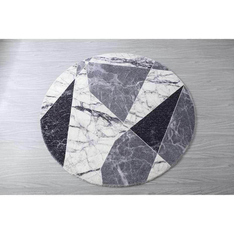 Retro Shag Collection Geometric Abstract Area Rug - 5' Round - Black/Grey