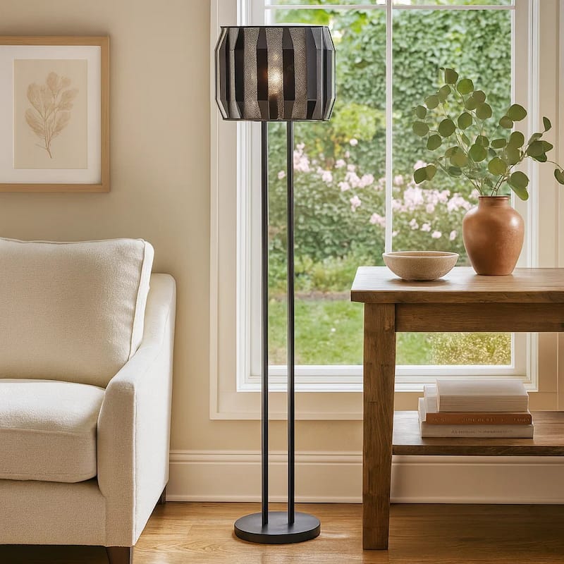 Pin 59 Inch Floor Lamp, Drum Shade, Metal Base, Accent Round Base, Black.