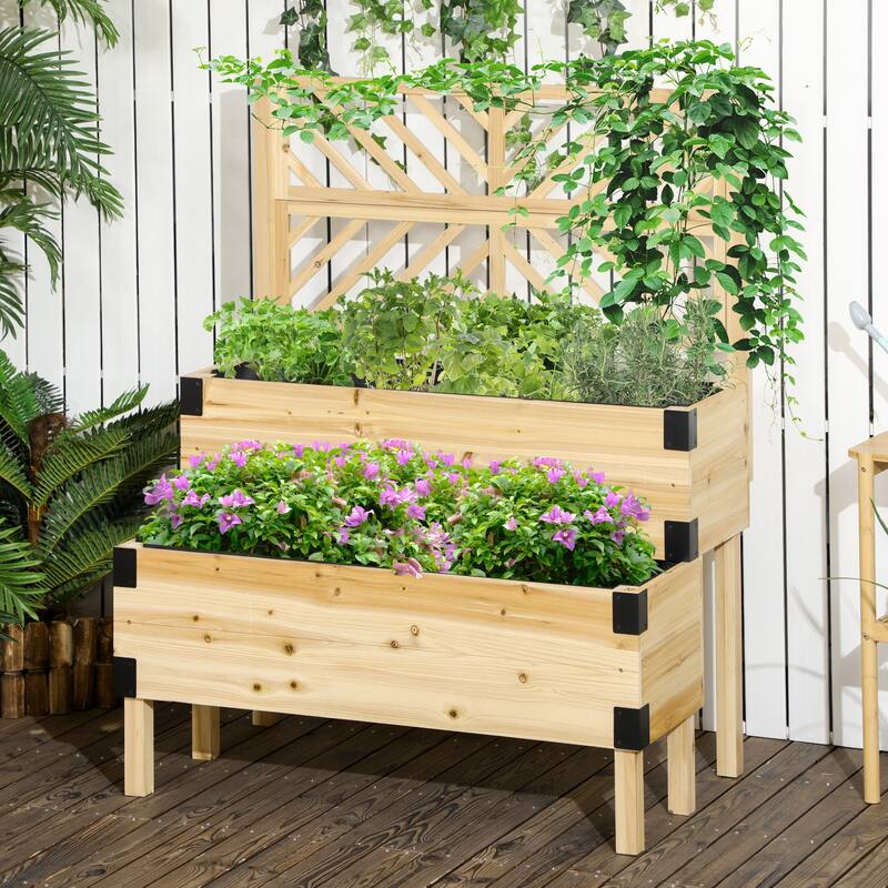 Outsunny Raised Garden Bed with Trellis, 2 Tier Wooden Elevated Planter Box with Legs and Metal Corners
