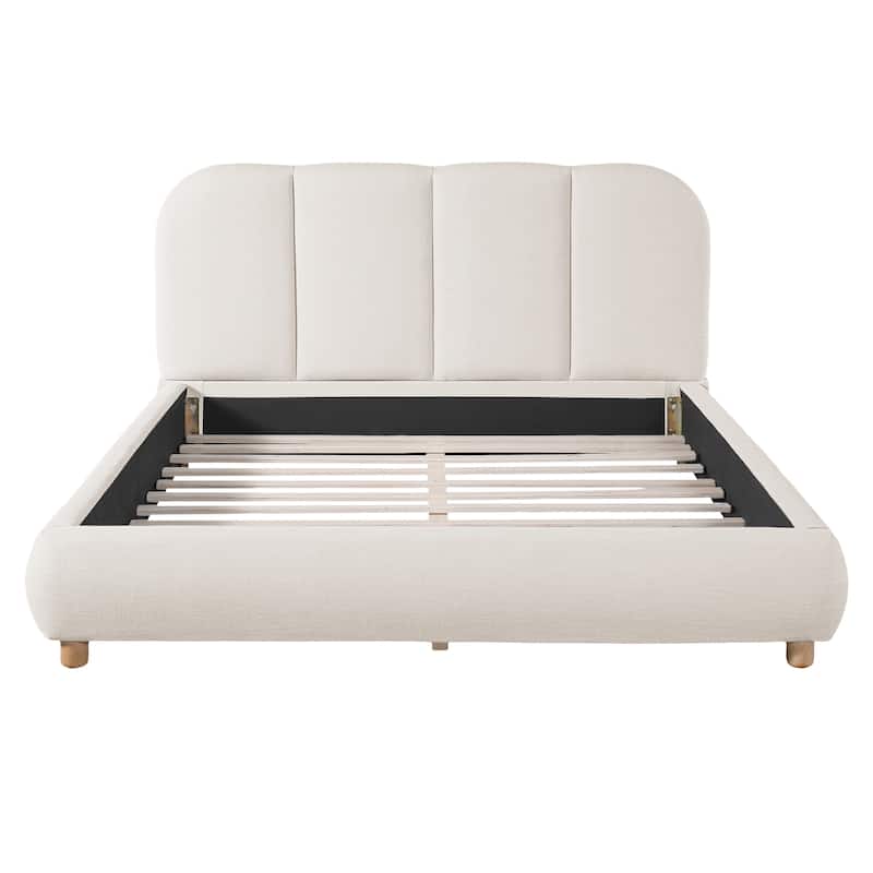 Christopher Knight Home - Modern Upholstered Linen Fabric Bed Frame with Wooden Leg - with Curved Headboard Design