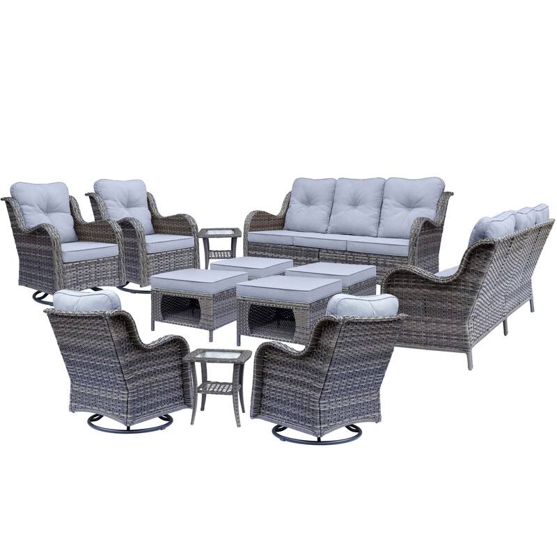Gray Wicker 12-piece Outdoor Patio Conversation Sets with Swivel Chair