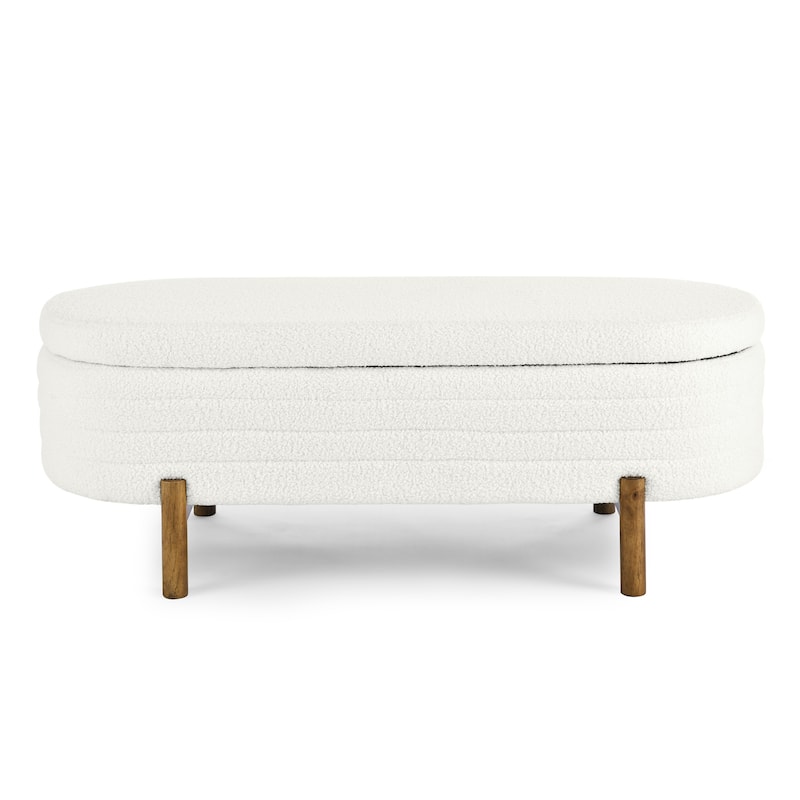 Small Ottoman Oval Storage Bench with Rubber Wood Leg Bedroom Upholstered Footstool Bench with Hidden Storage