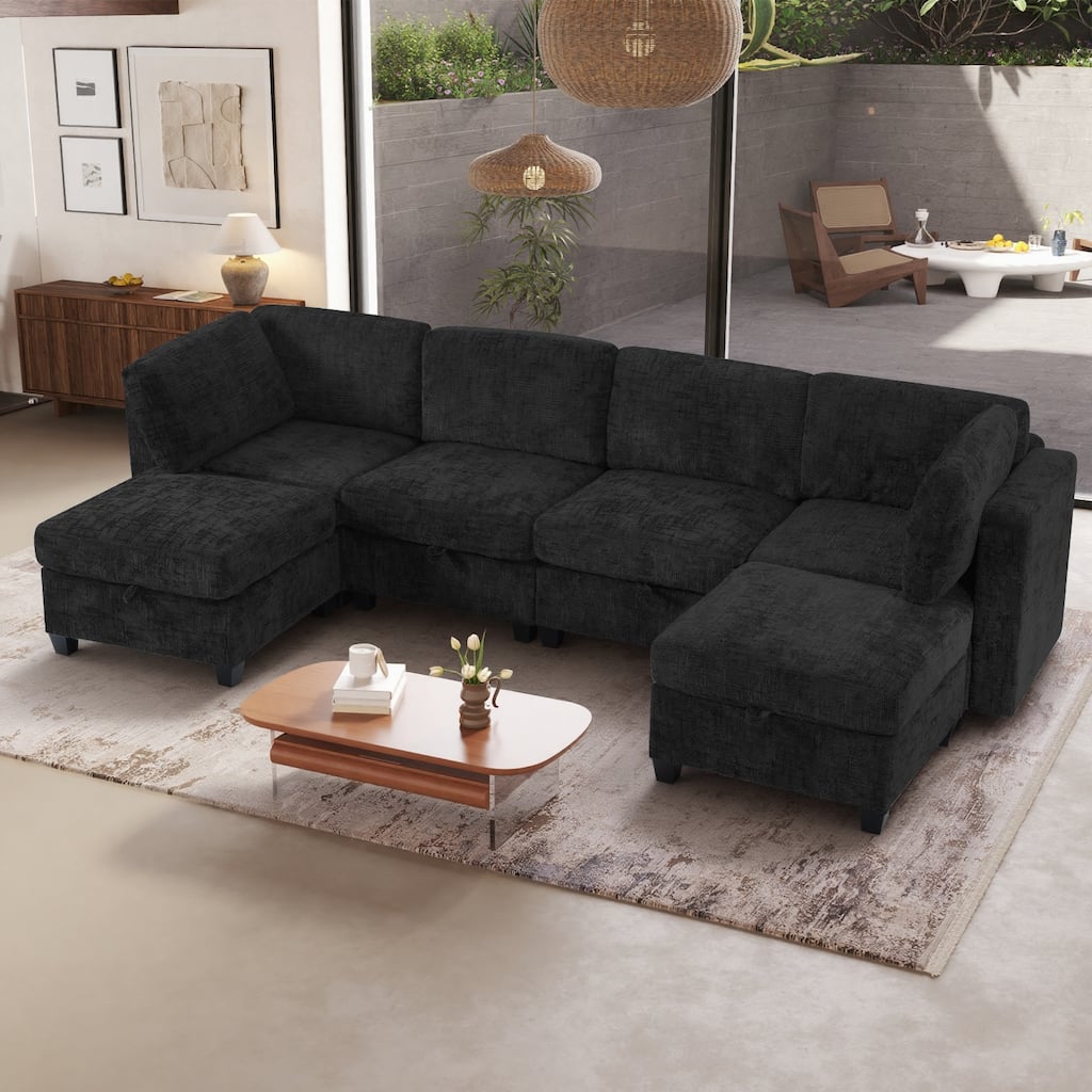GDFStudio - Chenille Fabric 6-Seat 128" Modular Sectional Sofa with Storage & Solid Wood Frame for Living Room