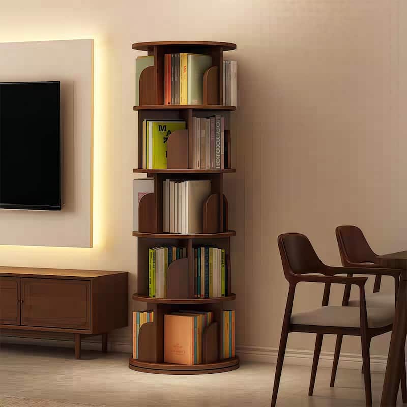 GDF Studio -Purling Modern 5-Tier Wood Rotating Bookshelf with 360-Degree Space-Saving Design