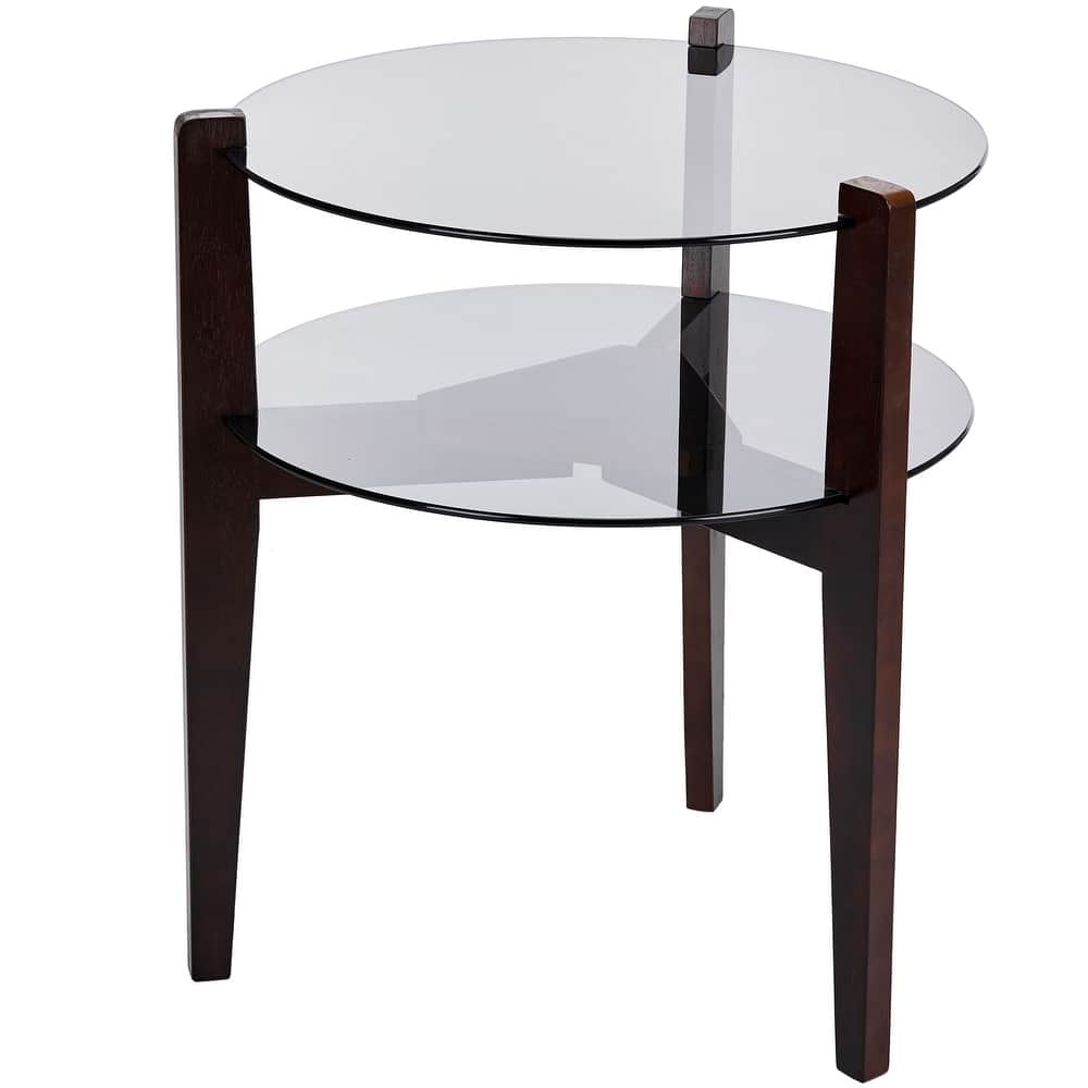 24 Inches 2-tier Glass Round End Table with Shelf and Wooden Legs