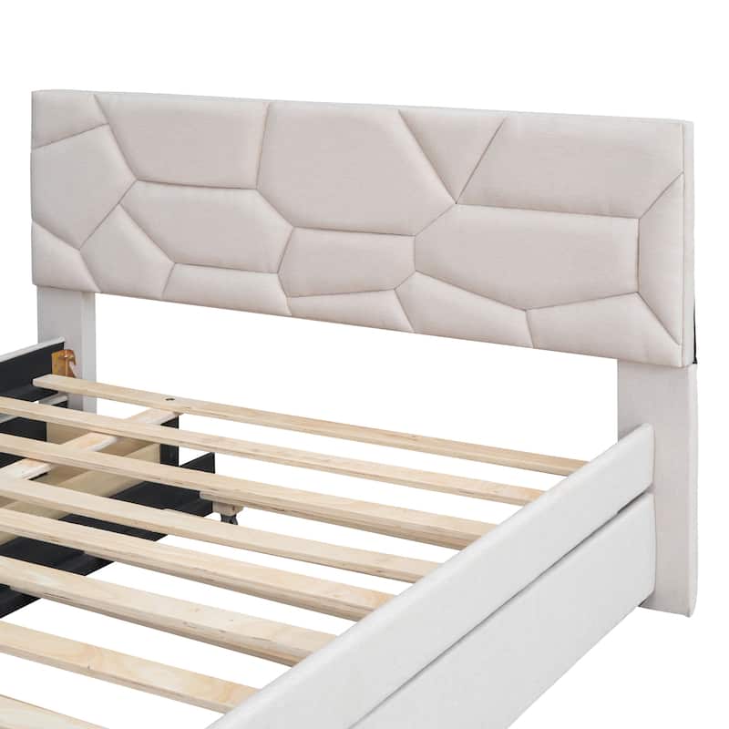 Beige Full Size Linen Platform Bed with Brick Pattern Headboard, Trundle, and Storage Drawers