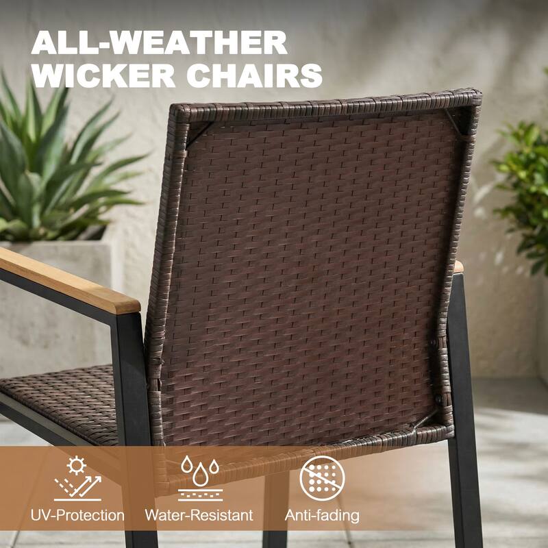 All Weather Wicker Patio Chairs Set of 2, Acacia Wood Armrests