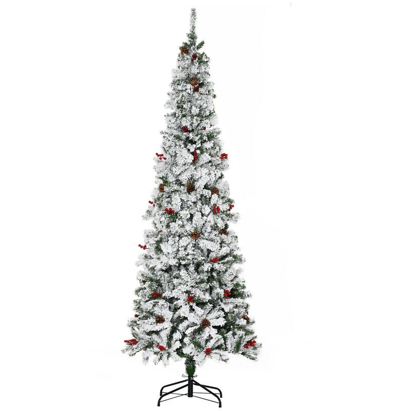 7.5' Pencil Christmas Tree, Snow-Flocked with Pine Cones & Red Berries, Unlit Artificial Tree for Holiday Décor