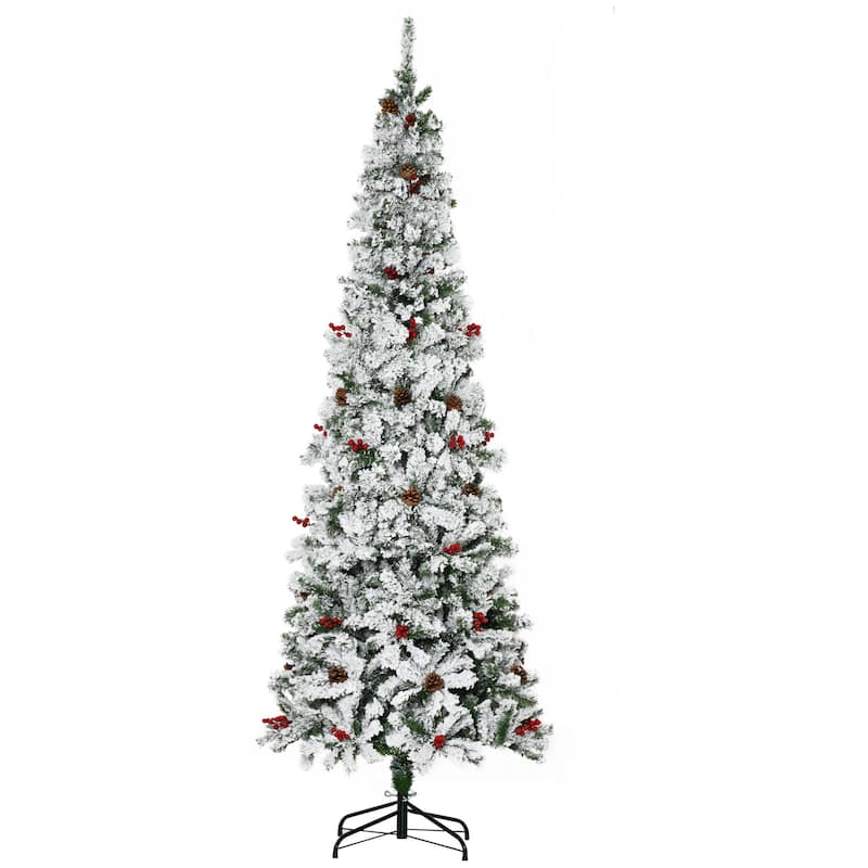 HOMCOM Snow Flocked Pencil Christmas Tree - Realistic Pine Branches, Pine Cones, Red Berries, Auto Open, Green