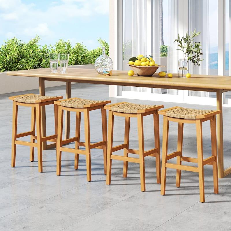 Gymax Outdoor Acacia Wood Bar Stools Set of 4 w/ PE Rattan Seats &