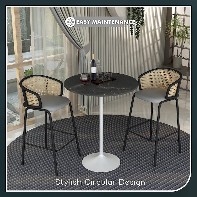 LeisureMod Verve 36" Bar Dining Table with Sintered Stone Round Top in White Steel, White Marbleized