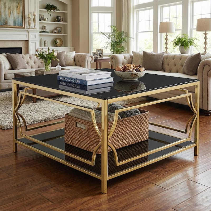 Homy Casa Square Golden Chromed Tempered Glass Coffee Table 33.5", Shelf, Electroplated Gold Geometric Living Room