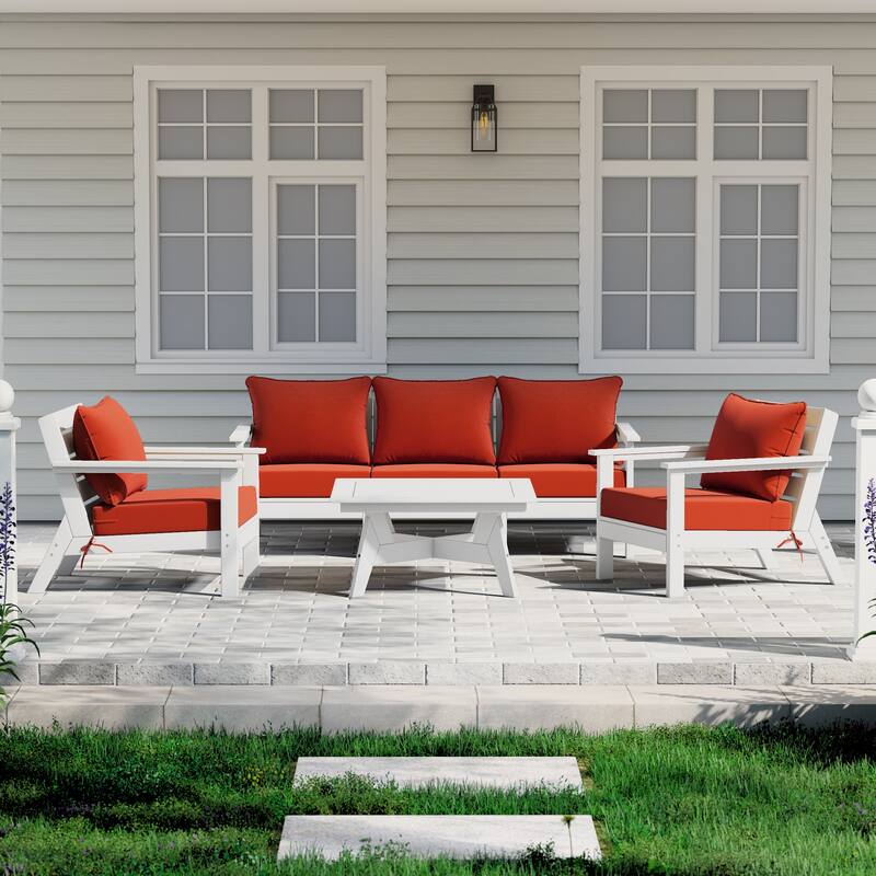 Birchwood All Weather HDPE Outdoor Patio White Deep Seating Conversation Set (6-Piece Set) - White/Orange