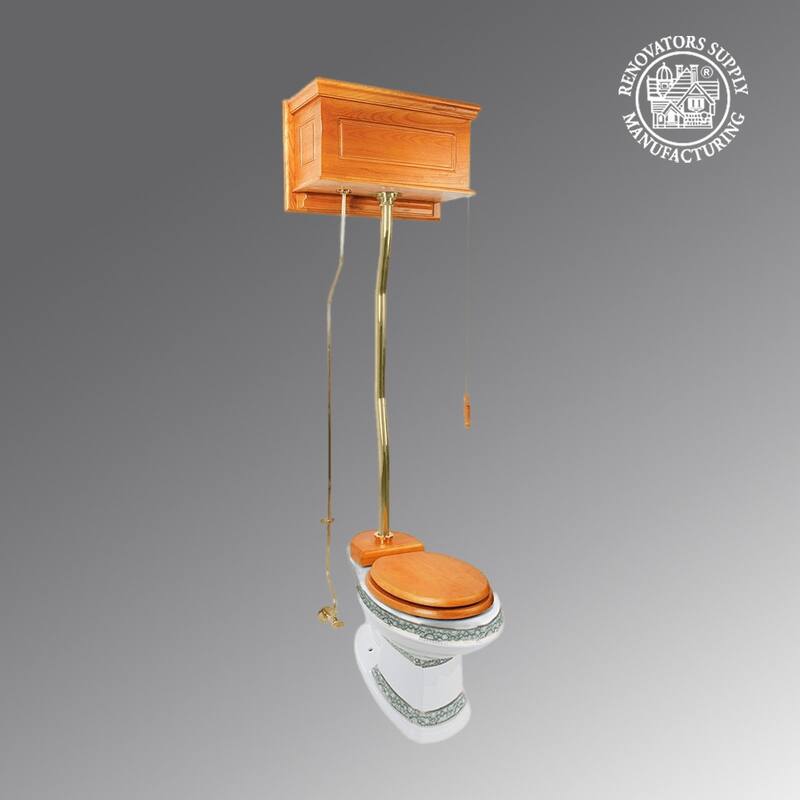Light Oak Wooden High Tank Toilet Raised Tank 59" to 74" Brass Z Pipe and Elongated White Bowl
