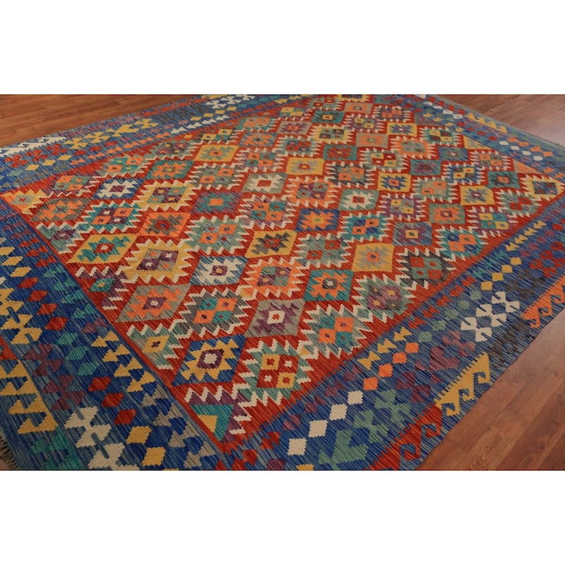 Geometric Kilim Oriental Area Rug Flatweave Tribal Wool Carpet - 8'2"x 11'0"