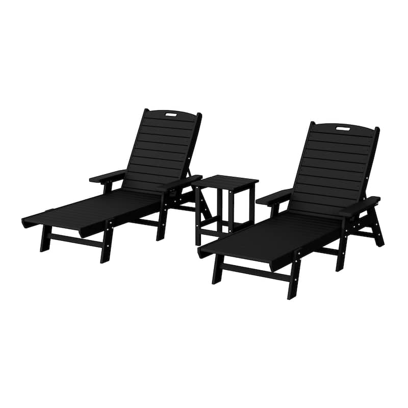 Laguna Hdpe All Weather Outdoor Patio Pool Reclining Chaise Lounges With Square Side Table (3-Piece Set) - Black
