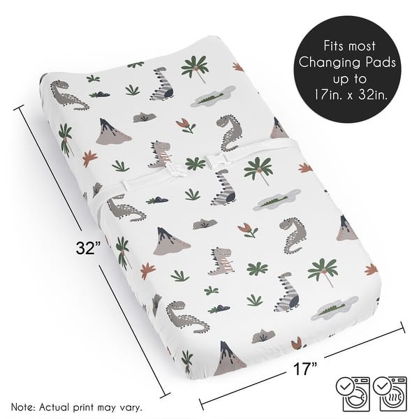 Sweet Jojo Designs Modern Dinosaurs Boy Girl Gender Neutral Unisex Changing Pad Cover Sheet Beige Grey Dino Reptile Trex Green