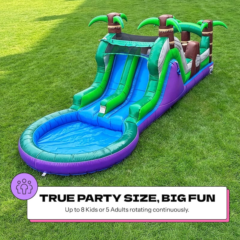POP JUMP Tropical 28' Obstacle Course with Slide - Green - 8' x 28' x 9'