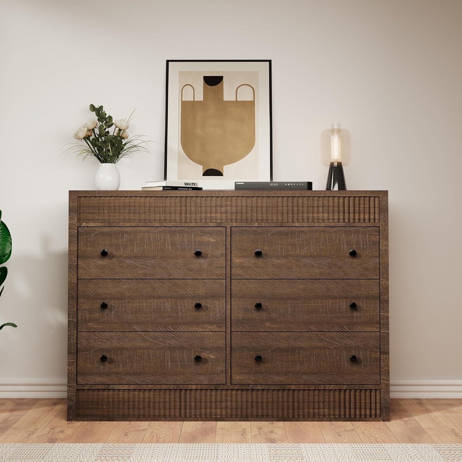 6 Drawer Dresser for Bedroom, Wooden Fluted Chest of Drawers, Modern Oak Storage Organizer for Living Room, Office
