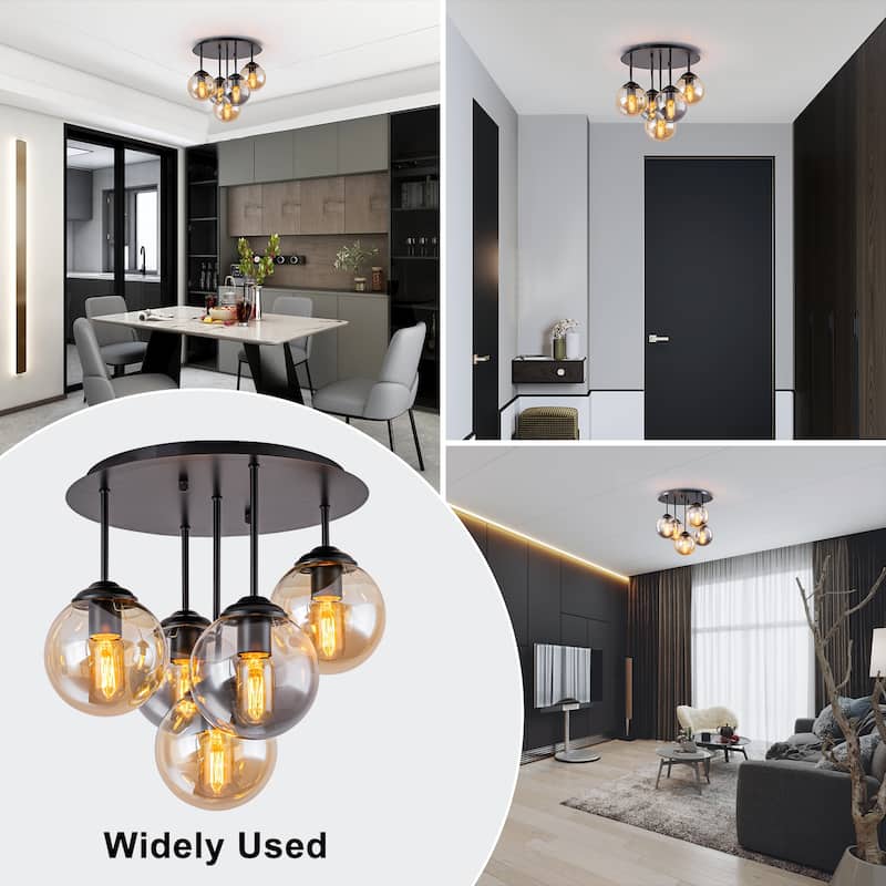 5 Lights Semi-Flush Mount Ceiling Light Smoky Gray&Amber Glass Globes - Dia.17.32-in