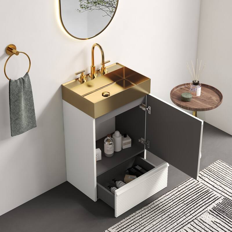 20" Striped Freestanding Bathroom Vanity with Ceramic Sink, Modern Bathroom Storage Cabinet