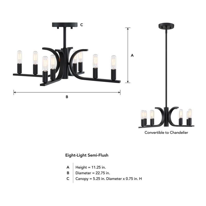 Skye 22.75 in. 8-Light Matte Black Minimalist Semi Flush Mount with Bare Bulbs for Dining Rooms - 11.25