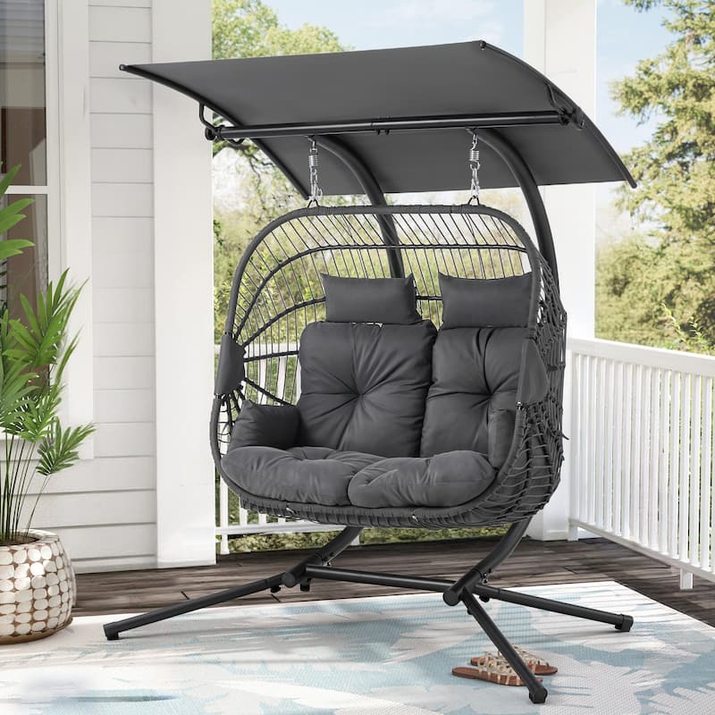Double Egg Chair with Stand/Adjustable Canopy Patio Hammock Chair Hanging Swing Wicker Rattan Basket for Outdoor Balcony Garden