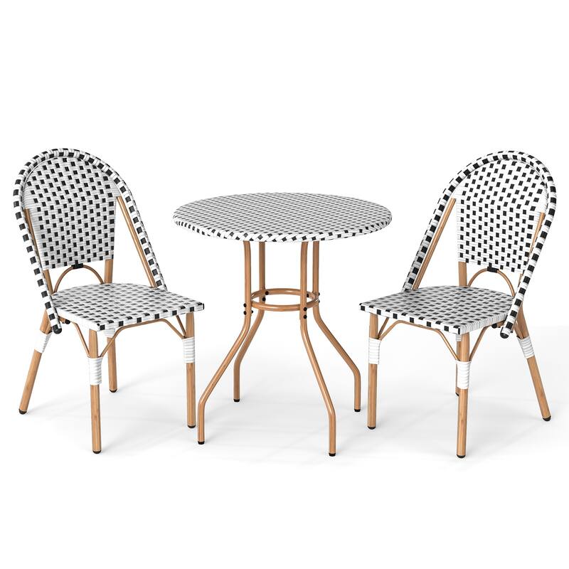 3 Piece Black-White PE Rattan Metal Patio Bistro Set with Ergonomic Chairs - Chair: 22” x 16” x 35” - Black-White