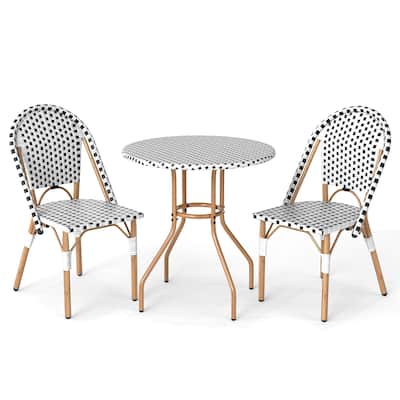 3 Piece Black-White PE Rattan Metal Patio Bistro Set with Ergonomic Chairs - Chair: 22” x 16” x 35”