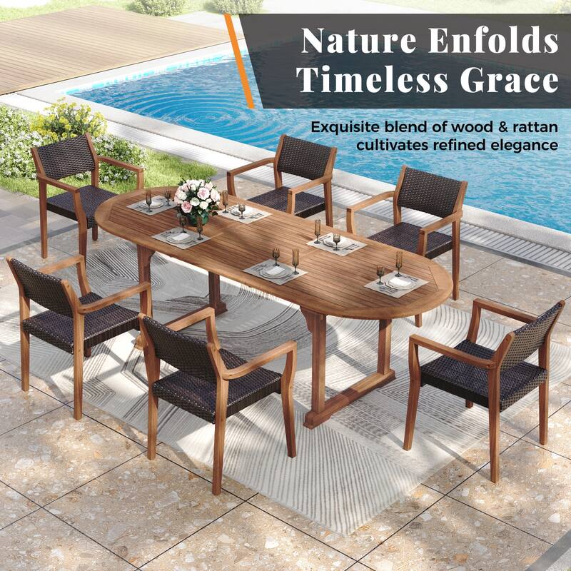 MAISON ARTS 7/9-Piece Acacia Wood Outdoor Dining Set for 6/8, Expandable Table with Wicker Chairs, Farmhouse Patio Furniture