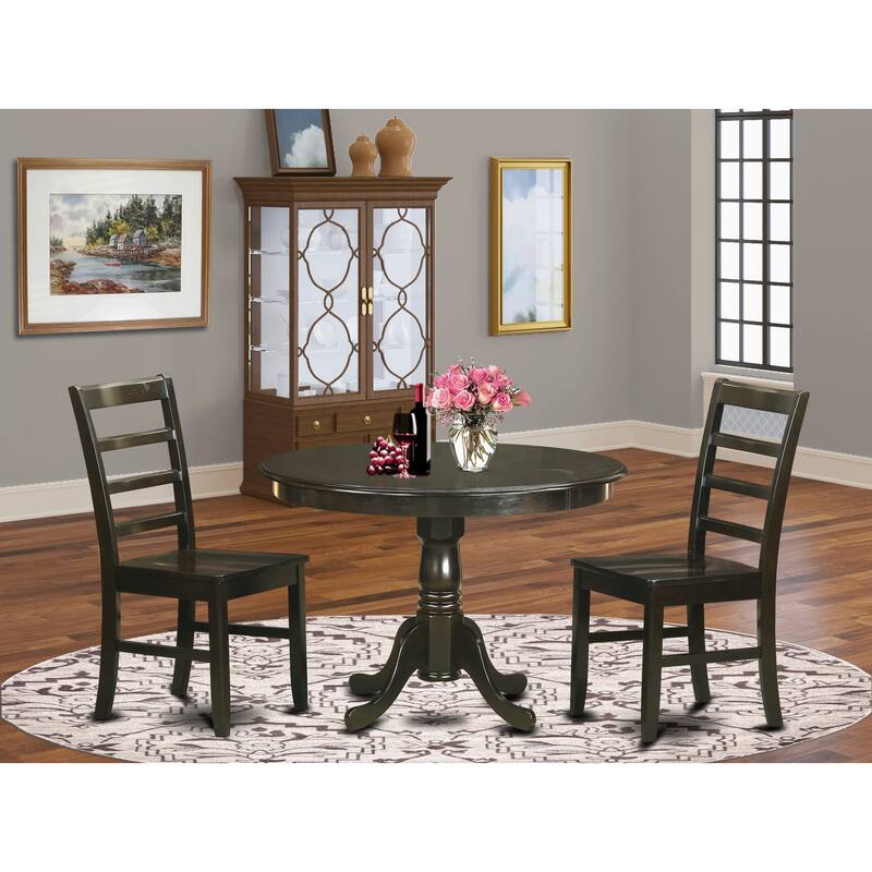 East West Furniture 3 Piece Kitchen Table Set- a Dining Table with Pedestal and 2 Chairs, Cappuccino(Seat Type Options) - HLPF3-CAP-W