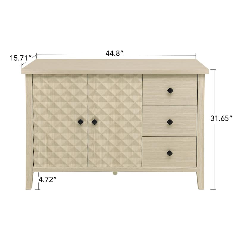 Modern 2-Door Sideboard Cabinet with 3 Drawers, Adjustable Shelf, Embossed Doors and Diamond Handles for Kitchen or Entryway