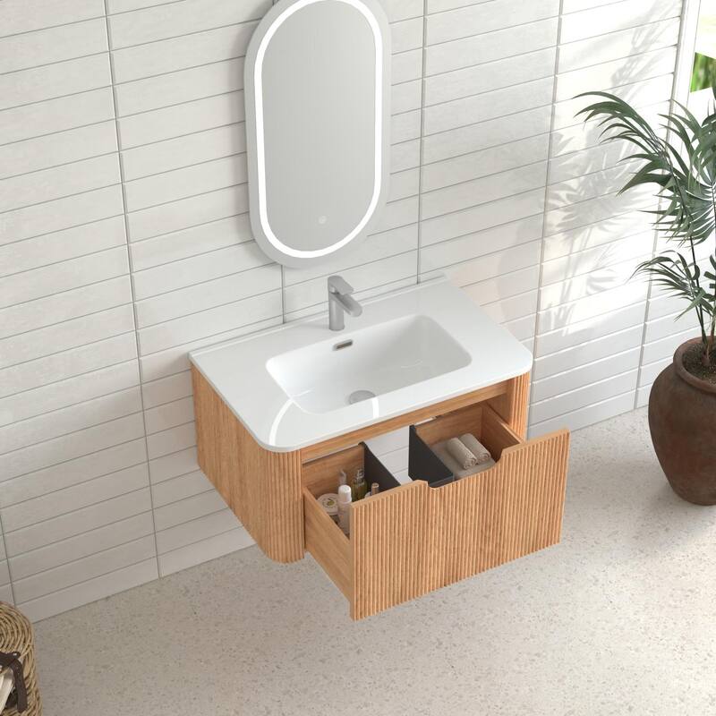 30" Wall-Mounted Floating Solid Wood Bathroom Vanity Pre-Assembled Curved Edge Storage Cabinet With Ceramic Basin