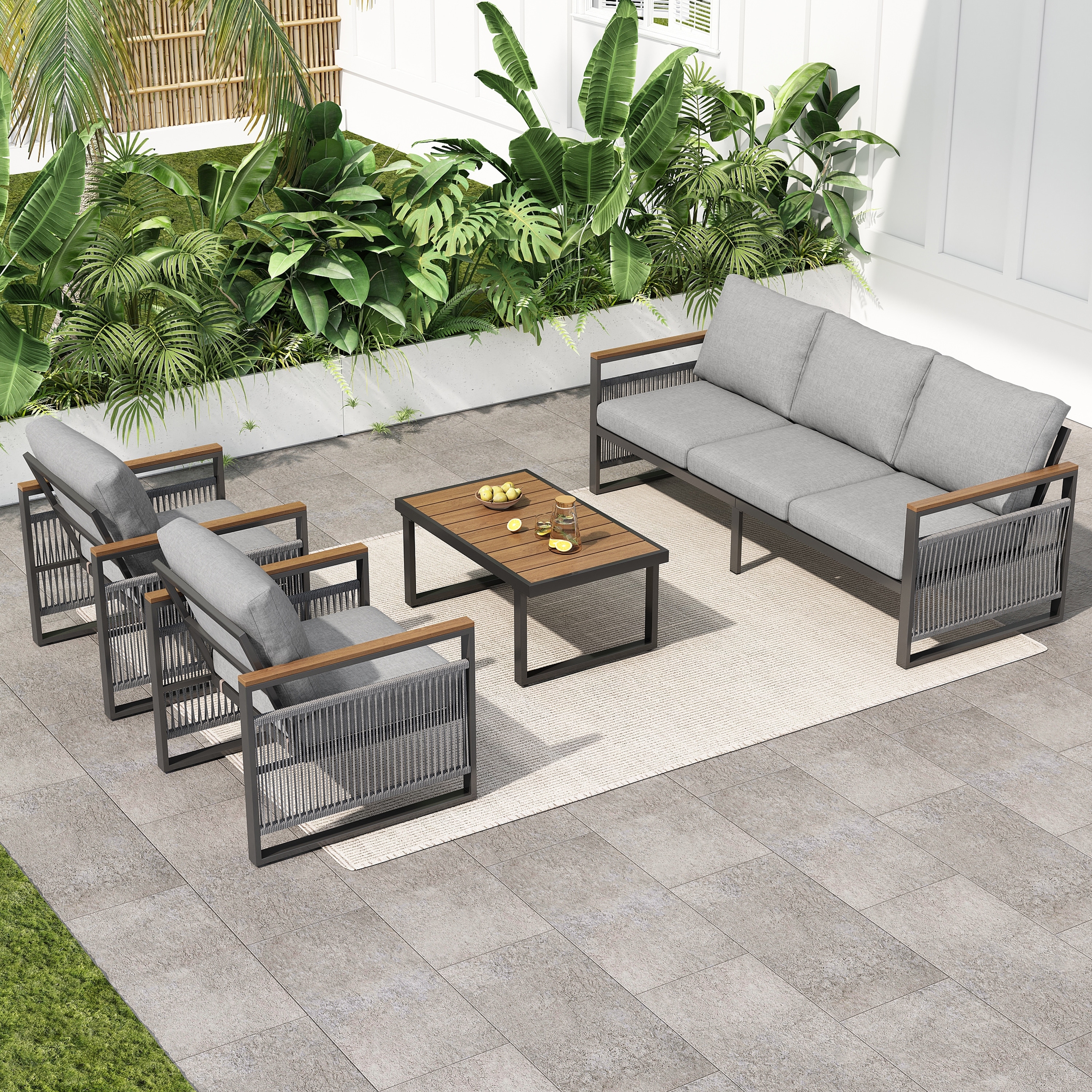 Natural Grey Outdoor Seating Set with 3-Seater Sofa & Club Chairs, Patio Conversation Set with Coffee Table