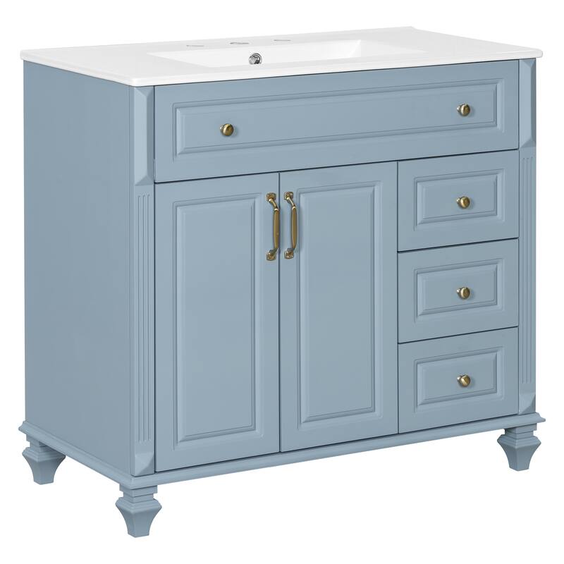 36" Bathroom Vanity with Sink, Blue Grey Solid Wood Bathroom Cabinet with Flip Drawer, 3 Drawers & 2 Doors