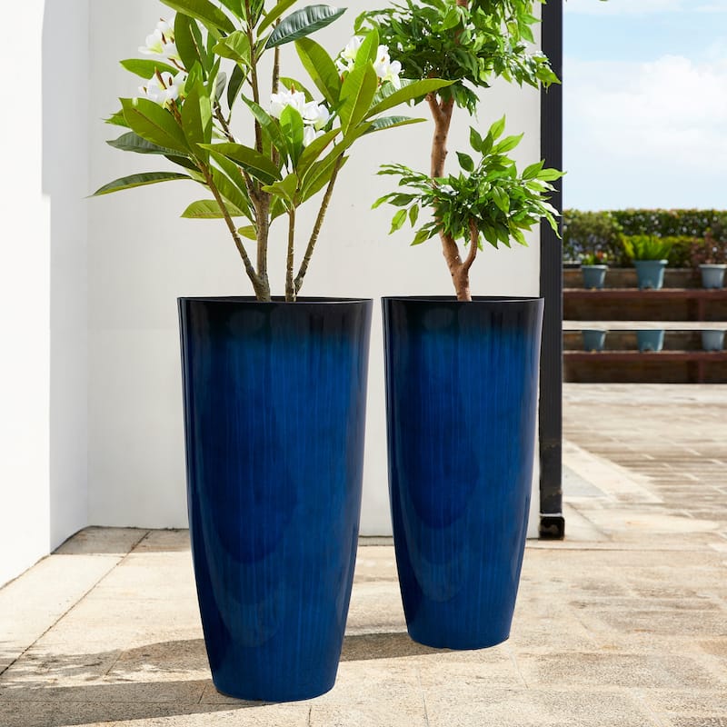 Glitzhome 30"H Set of 2 Tall Plastic Planter Large Flower Pots with Gradient Cobalt Blue / Turquoise Faux Ceramic Finish