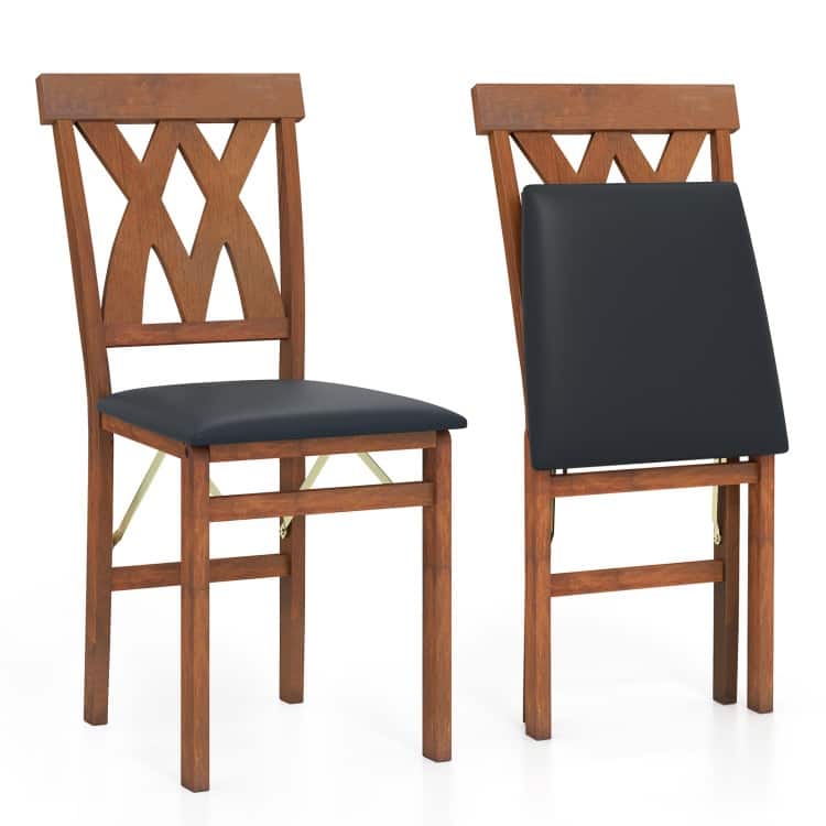 Set of 2 Folding Wooden Dining Chairs with PVC Leather Seat X-Back - 16" x 21" x 36"