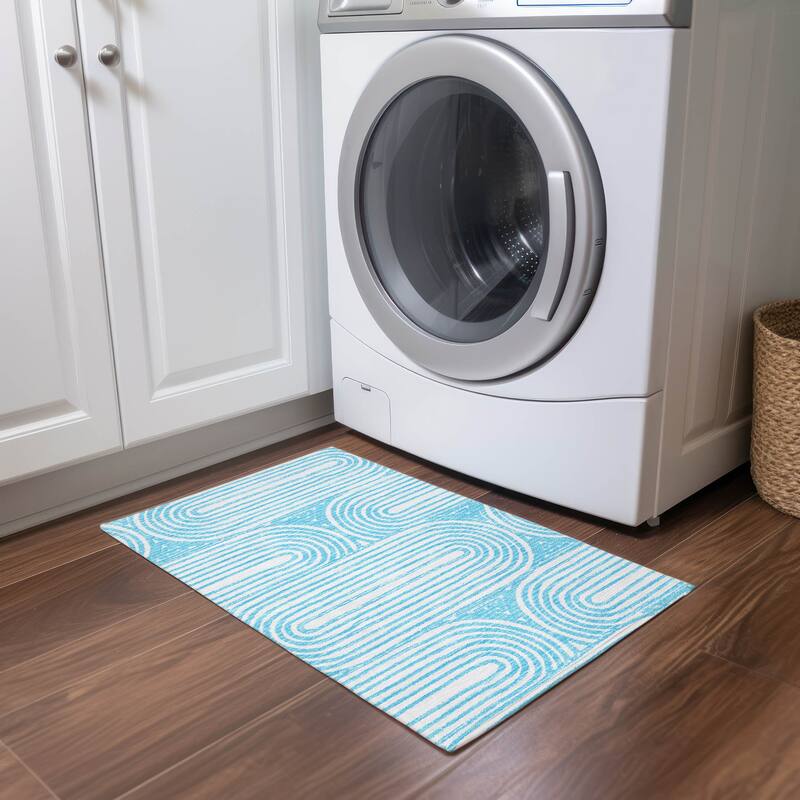 Machine Washable Indoor/ Outdoor Modern Vibes Chantille Rug - Teal - 1'8" x 2'6"