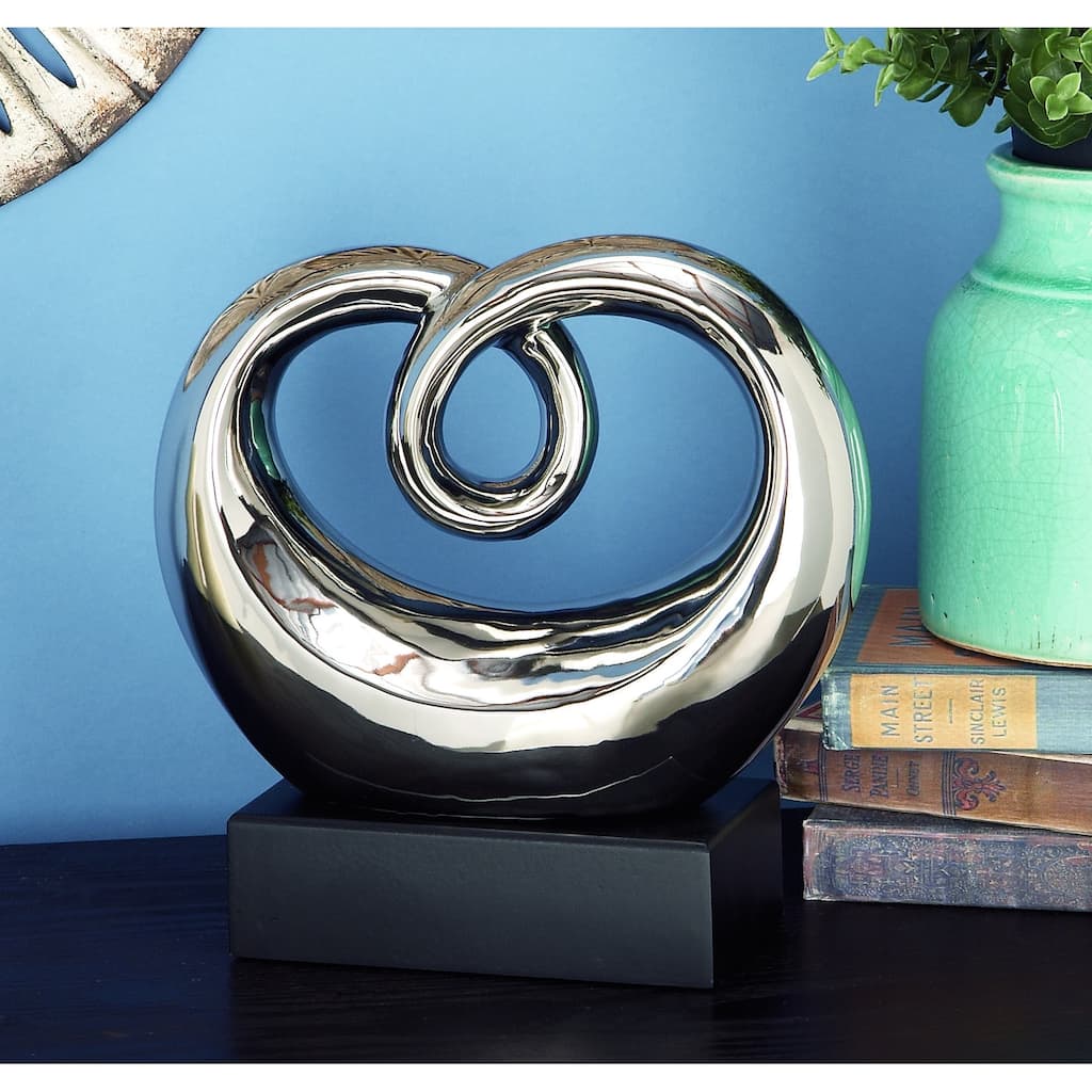 Silver Ceramic Swirl Abstract Decorative Sculpture with Black Base