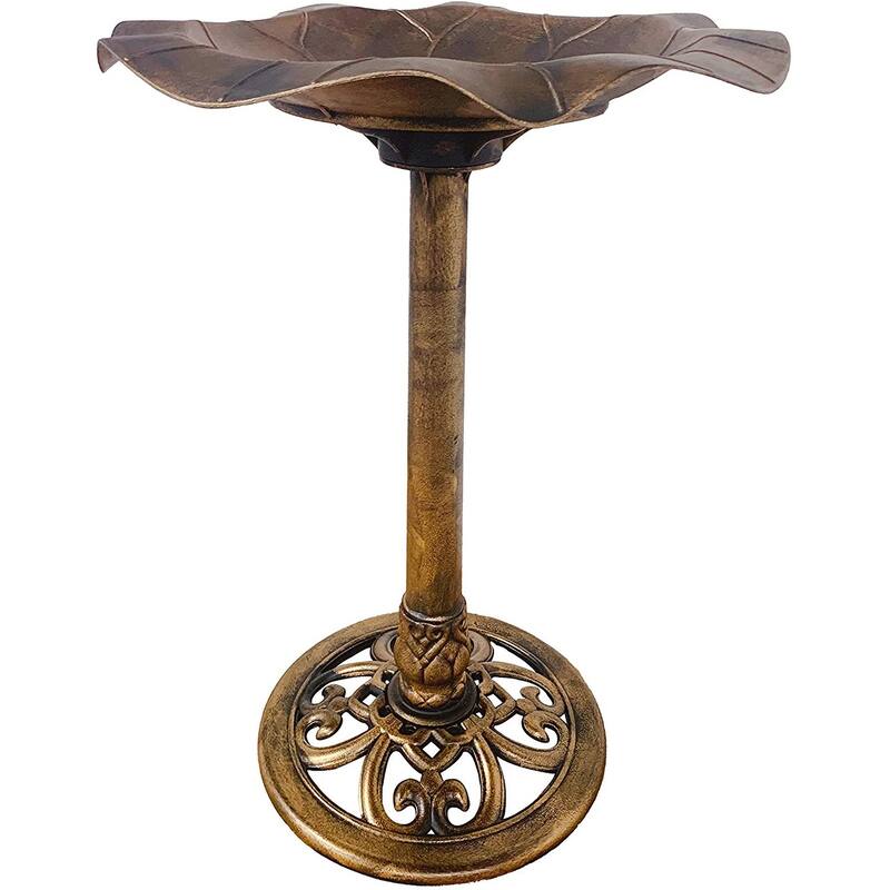Lightweight BirdBath Decoration Lily Leaf Pedestal Accent Antique Bird Bath - Gold