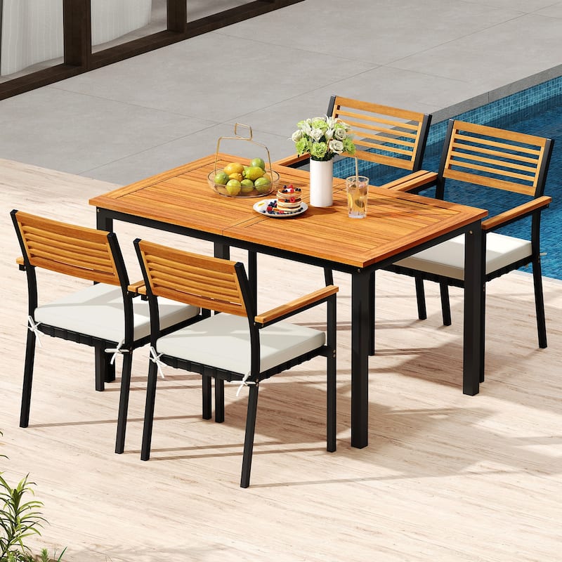 Expandable Acacia Wood Outdoor Dining Table with Metal Frame and Umbrella Hole for 4-8 Person - 51"-64" x 31.5" x 29"