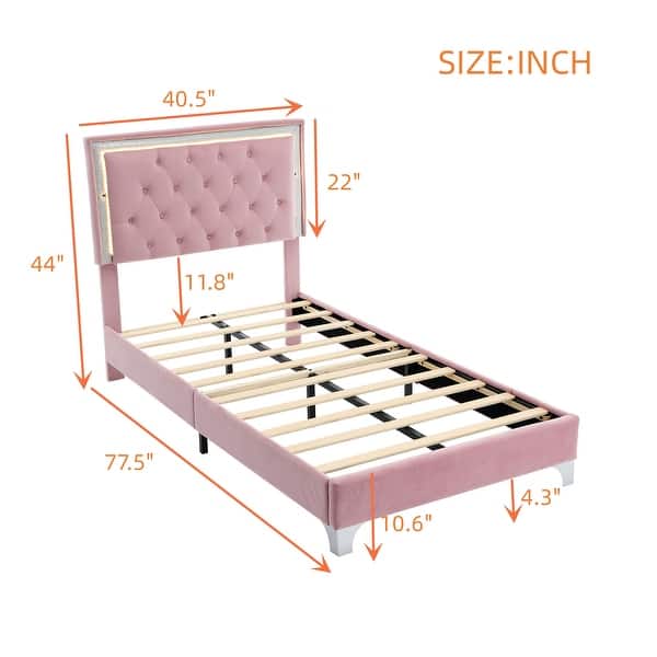 dimension image slide 1 of 2, Velvet Upholstered Platform Bed with Soft Tufted Headboard, Kids Bedroom Twin Platform Bed with LED Light for Night's Sleep